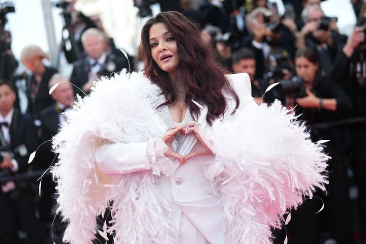 Aishwarya Rai Bachchan in a white structured suit at the closing ceremony of the 79th Cannes Film Festival