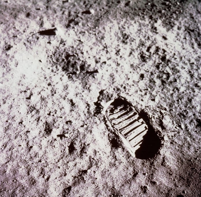 Close-up of Buzz Aldrin's bootprint in lunar regolith during the Apollo 11 Moon landing in 1969