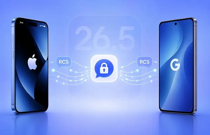 iPhone and Android phones showing encrypted RCS messaging in iOS 26.5 and Google Messages