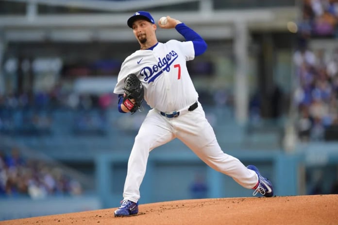 Blake Snell reacts after suffering elbow discomfort during Dodgers game in 2026