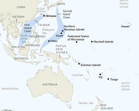Map showing China’s naval deployment near Taiwan and the first island chain