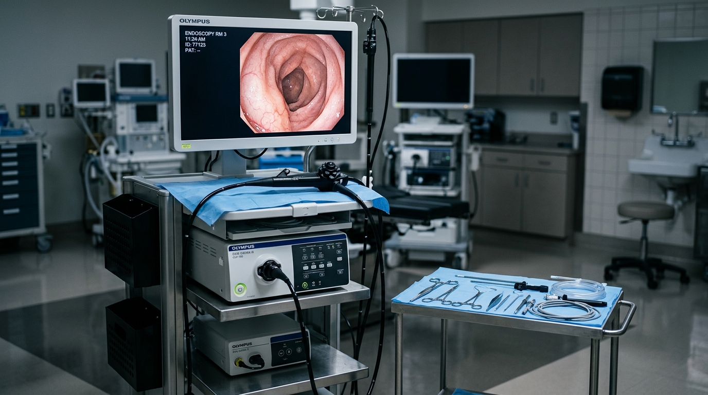 colonoscopy medical equipment in sterile hospital environment