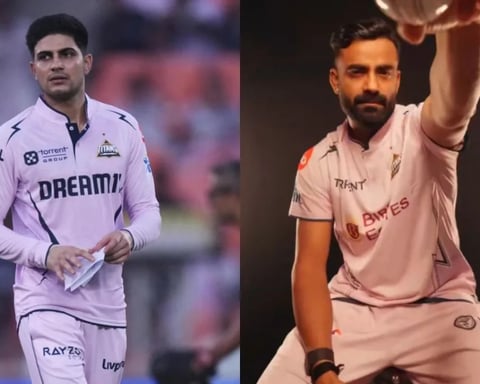 Gujarat Titans players wearing lavender jerseys during IPL 2026 match against Sunrisers Hyderabad in Ahmedabad stadium