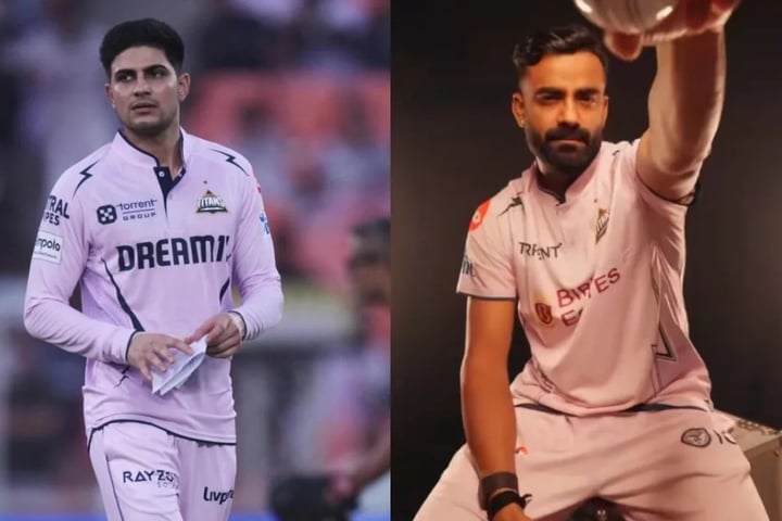 Gujarat Titans players wearing lavender jerseys during IPL 2026 match against Sunrisers Hyderabad in Ahmedabad stadium