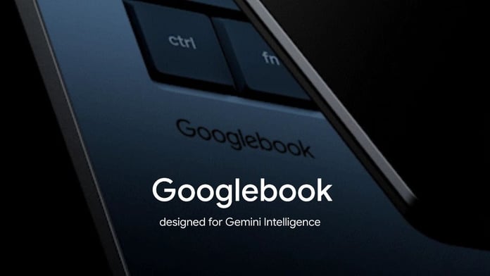 Googlebook laptop showing Gemini AI desktop widgets and ChromeOS desktop interface