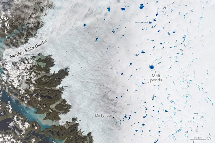 NASA Landsat 9 satellite image of meltwater ponds forming on the Greenland Ice Sheet in July 2025, evidence of accelerating ice melt