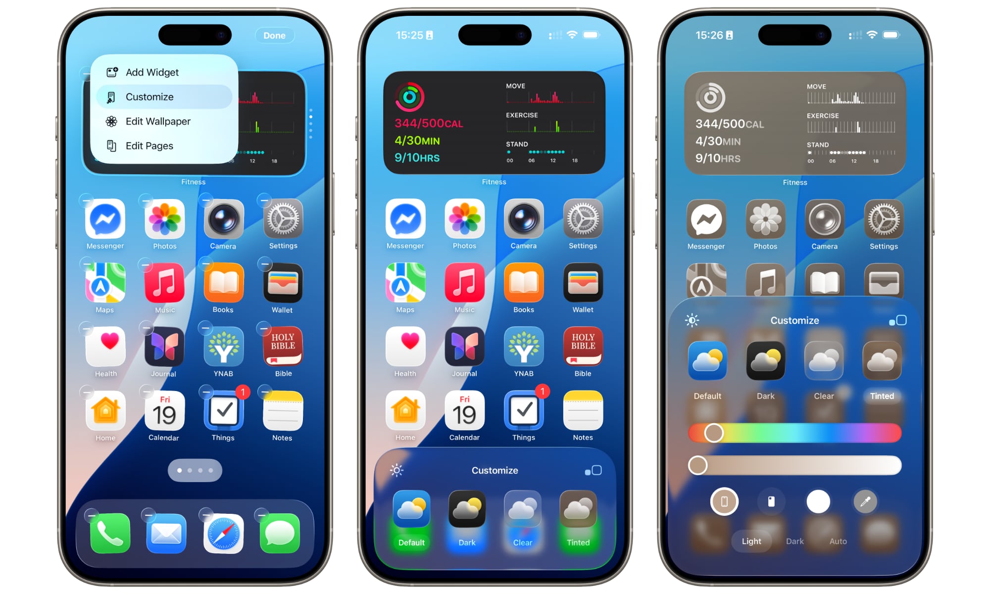 iPhone home screen customization with widgets and icon tinting in iOS 26