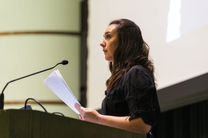 Former Zelenskyy press secretary Iuliia Mendel speaking during an interview