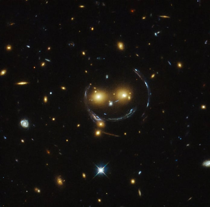 Gravitational lensing revealing a distant early universe galaxy magnified by a galaxy cluster