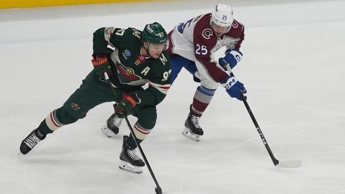Kirill Kaprizov celebrates during Minnesota Wild Game 3 win over Colorado Avalanche in NHL Playoffs