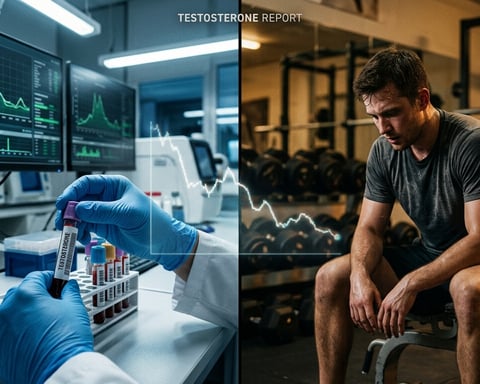 Clinical testosterone blood test contrasted with fatigued young man in gym representing Low T debate