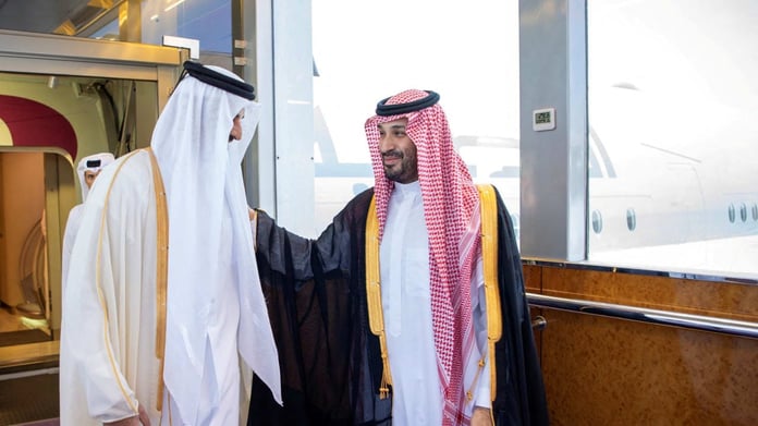 Saudi Crown Prince Mohammed bin Salman receives the Emir of Qatar Sheikh Tamim at a GCC meeting in Saudi Arabia, April 28, 2026