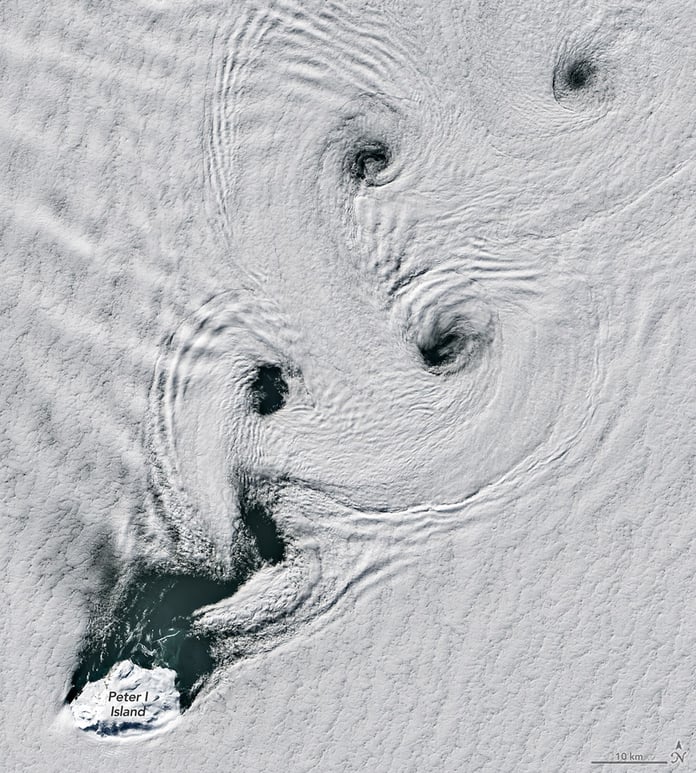 Satellite image showing von Kármán vortex streets forming spinning cloud patterns over Peter I Island in Antarctica.