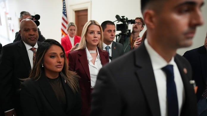 Former Attorney General Pam Bondi arrives at Capitol Hill for her closed-door House Oversight Committee deposition on the Epstein files, May 29, 2026