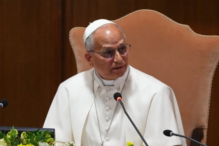 Pope Leo XIV speaks at the presentation of his first AI encyclical Magnifica Humanitas at the Vatican Synod Hall on May 25, 2026