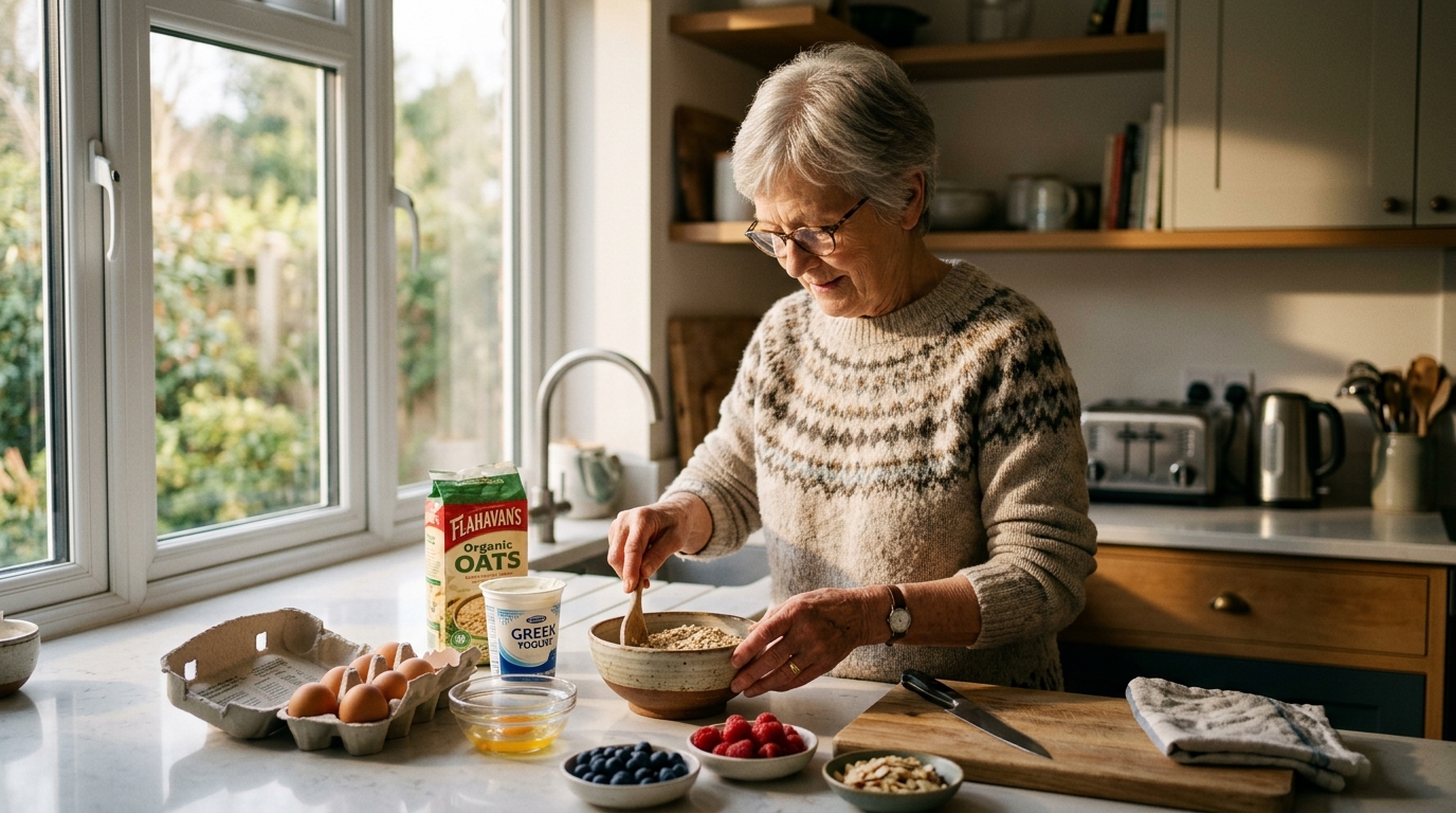 Older adult preparing protein-rich breakfast in kitchen