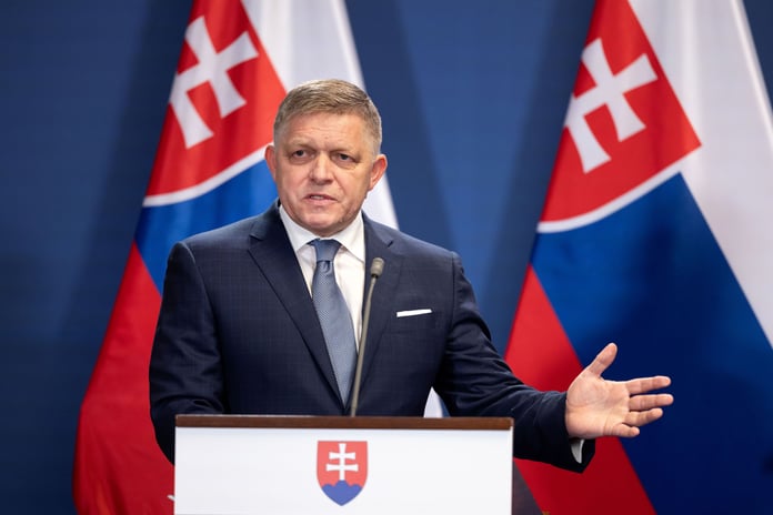 Slovak Prime Minister Robert Fico speaking against Ukraine EU membership proposal