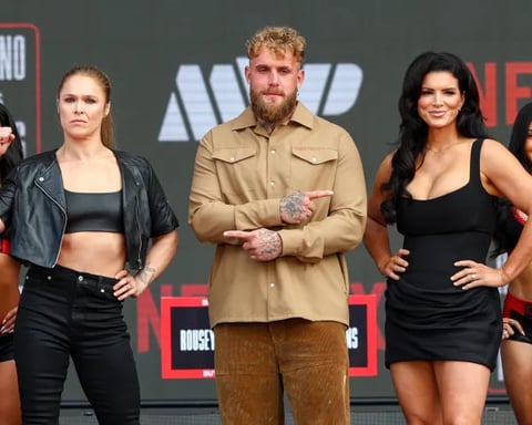 Ronda Rousey and Gina Carano face off inside Intuit Dome during Netflix MVP 1 MMA event