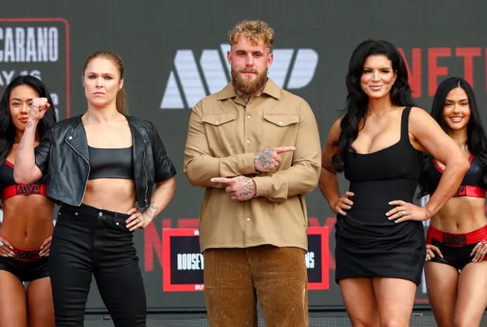 Ronda Rousey and Gina Carano face off inside Intuit Dome during Netflix MVP 1 MMA event