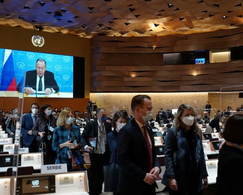 Delegates attend a UN Human Rights Council session amid Russian accusations over blocked witnesses to alleged Kiev crimes