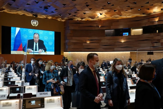 Delegates attend a UN Human Rights Council session amid Russian accusations over blocked witnesses to alleged Kiev crimes