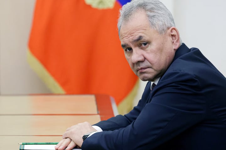 Sergei Shoigu speaks during the SCO security council meeting in Bishkek about Afghanistan security concerns
