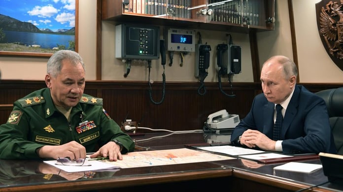 Sergei Shoigu speaks during the SCO security meeting in Bishkek discussing frozen Russian assets