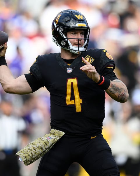 Taylor Heinicke reacts during an NFL game before announcing his retirement at age 33