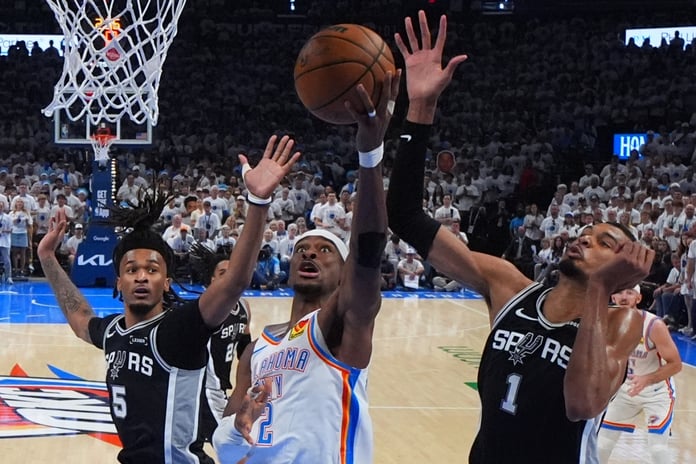 Shai Gilgeous-Alexander celebrates during Oklahoma City Thunder's Game 5 win over the San Antonio Spurs in the Western Conference Finals