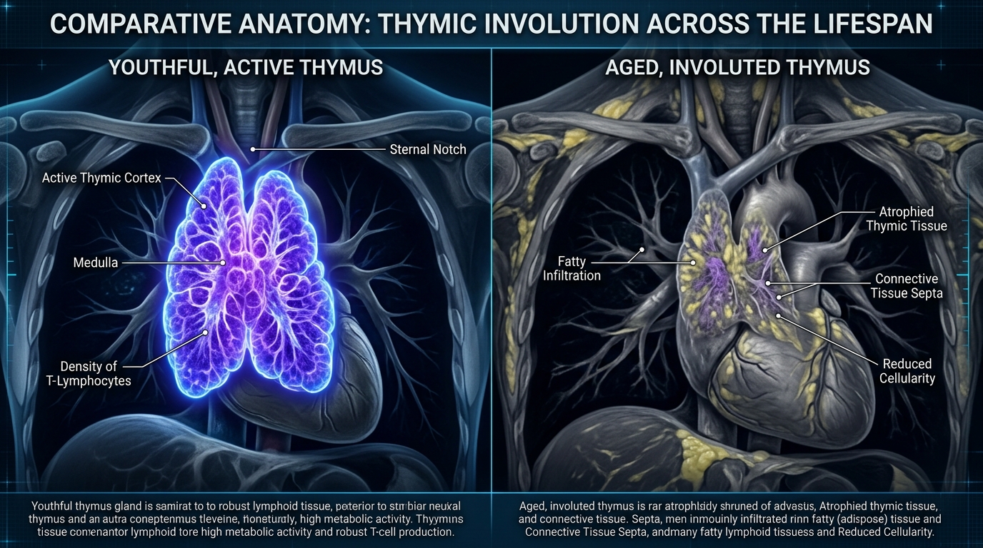 Thymus Aging and Immune Decline Visualization Comparison of healthy and aged thymus structure