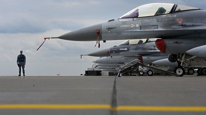 Ukrainian pilots train on US-made F-16 fighter jets during NATO military exercises in Europe