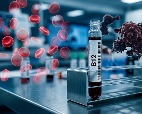 Blood test analysis showing vitamin B12 levels in a clinical laboratory environment