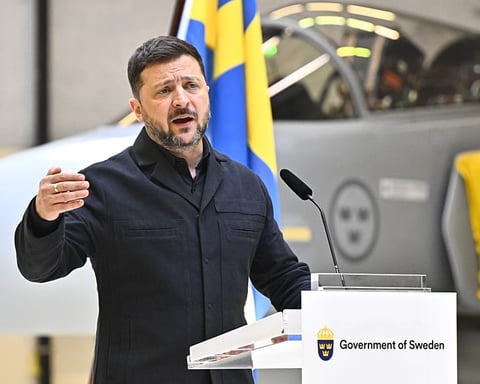 Ukrainian President Volodymyr Zelenskyy speaks at joint press conference at F-16 air flotilla base in Uppsala Sweden