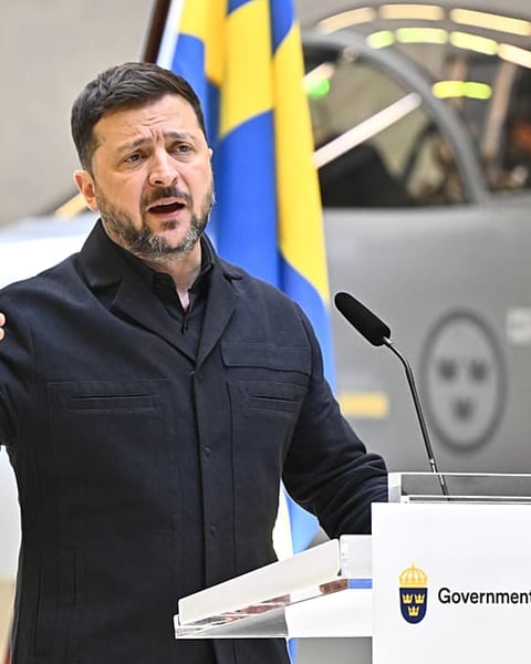 Ukrainian President Volodymyr Zelenskyy speaks at joint press conference at F-16 air flotilla base in Uppsala Sweden