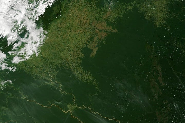 NASA MODIS Terra satellite image of Amazon deforestation patterns in Brazil along the Canguan River
