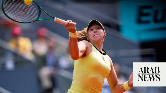Mirra Andreeva returns during her Madrid Open 2026 match before reaching the French Open final