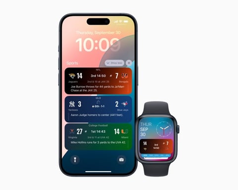 Apple Sports app showing live sports scores via Live Activities on the iPhone Lock Screen and Dynamic Island