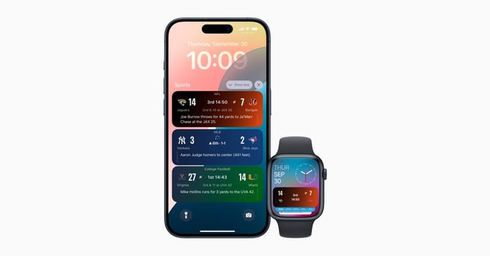 Apple Sports app showing live sports scores via Live Activities on the iPhone Lock Screen and Dynamic Island