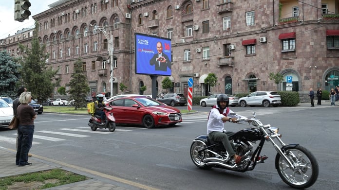 Campaign banner for Prime Minister Nikol Pashinyan's Civil Contract party in Yerevan, Armenia ahead of the June 7 2026 parliamentary election