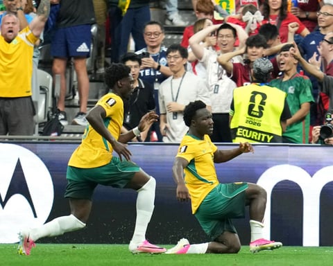 Nestory Irankunda celebrates Australia's opening goal against Turkiye at the 2026 FIFA World Cup Vancouver