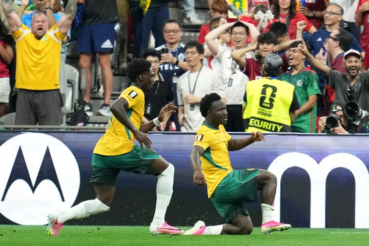 Nestory Irankunda celebrates Australia's opening goal against Turkiye at the 2026 FIFA World Cup Vancouver