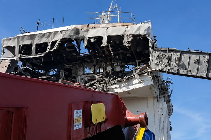Cargo ship engulfed in fire after Ukrainian drone strike in the Sea of Azov, June 5, 2026