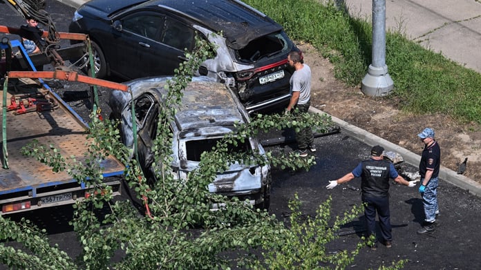 The scene of the car bomb explosion that killed a driver in Balashikha, east of Moscow