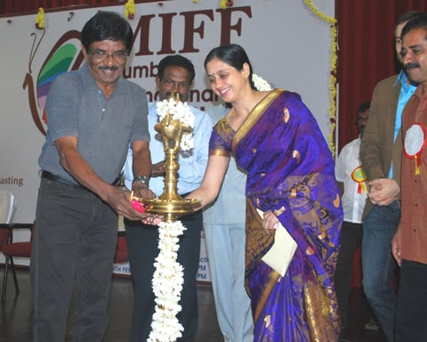 Tamil film director Bharathiraja, who died in Chennai at 84, lighting a ceremonial lamp at a film festival