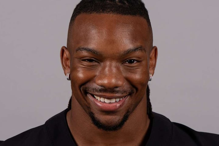Bijan Robinson Atlanta Falcons running back poses for headshot at training facility 2025
