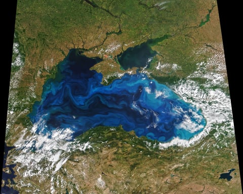 NASA Suomi NPP and NOAA-20 VIIRS satellite image of Black Sea phytoplankton bloom June 20 2022 with Crimea Russia Ukraine Turkey coastlines