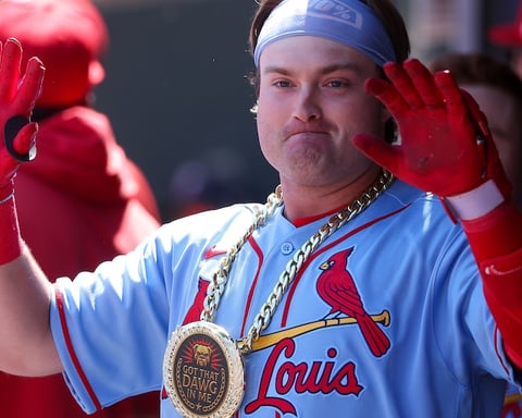 St. Louis Cardinals rookie Blaze Jordan celebrates his first career home run against the Minnesota Twins