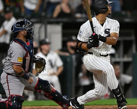 Braden Montgomery watches his walk-off two-run home run in the 10th inning of his MLB debut against the Atlanta Braves