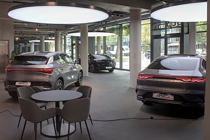 BYD electric vehicle store with cars on display in Stuttgart, Germany