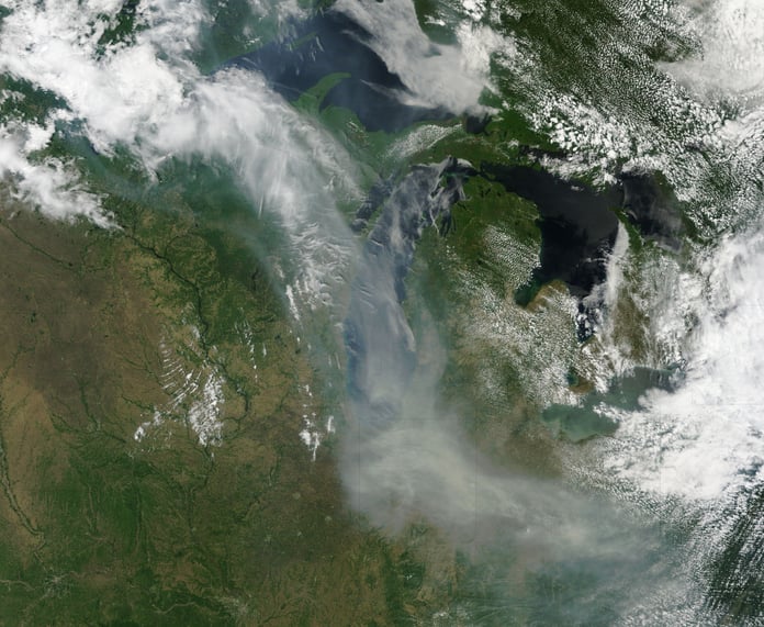 NASA satellite view of smoke from Canadian wildfires drifting south into the United States